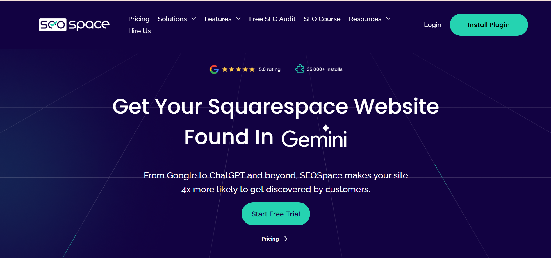 Homepage screenshot of SEOSpace website showing its SEO tools dashboard, navigation menu, and key features for Squarespace SEO optimization and site audits displayed on a clean marketing landing page.
