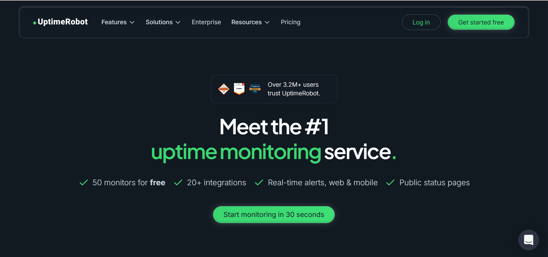 UptimeRobot homepage dashboard showing main navigation tabs and welcome message on a clean website monitoring interface.