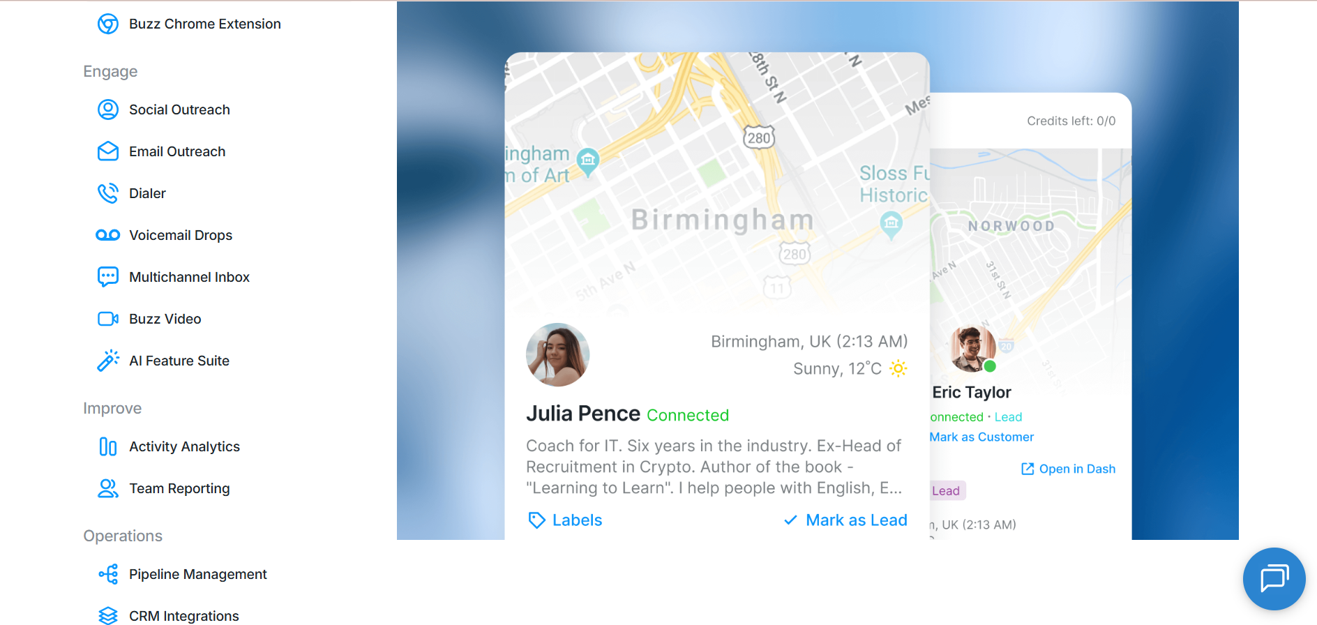 Buzz.ai homepage showing main features of the platform including lead generation tools, outreach automation, and sales dashboard interface.