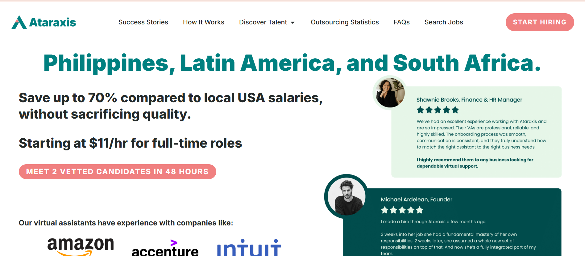 Screenshot of the Ataraxis Management homepage showing a clean layout for a remote hiring and outsourcing platform that connects businesses with pre-vetted virtual assistants and remote talent.