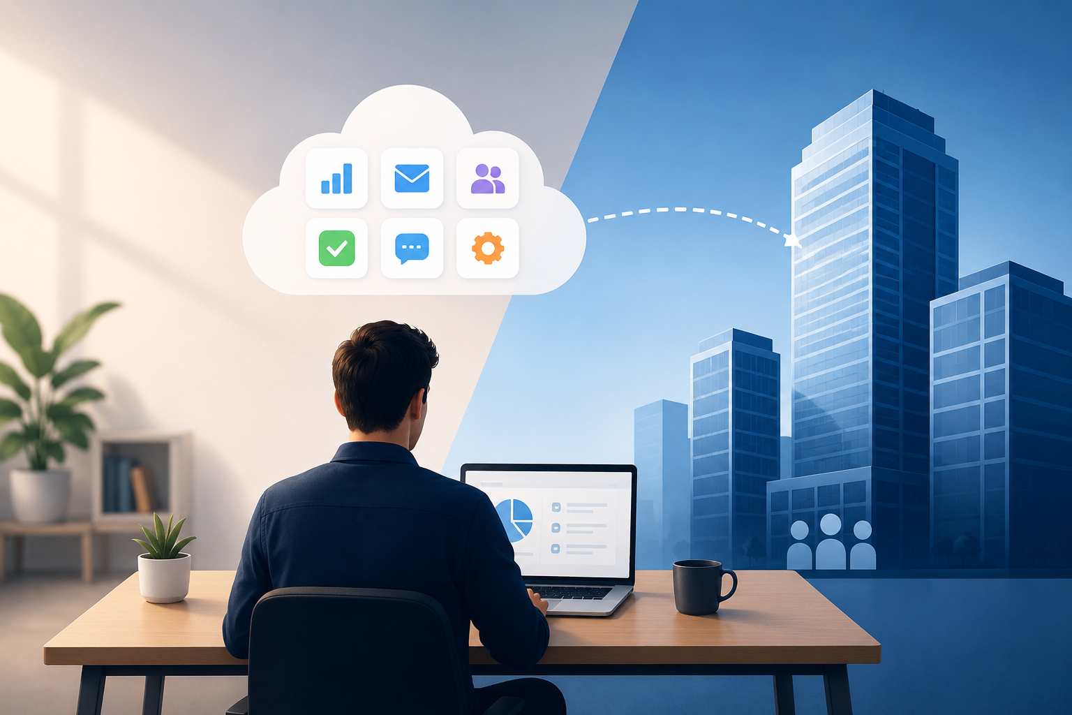 A clean modern illustration showing a solo entrepreneur working on a laptop at a desk on the left side, connected to a cloud of SaaS app icons, while on the right side there is a city skyline representing large companies.