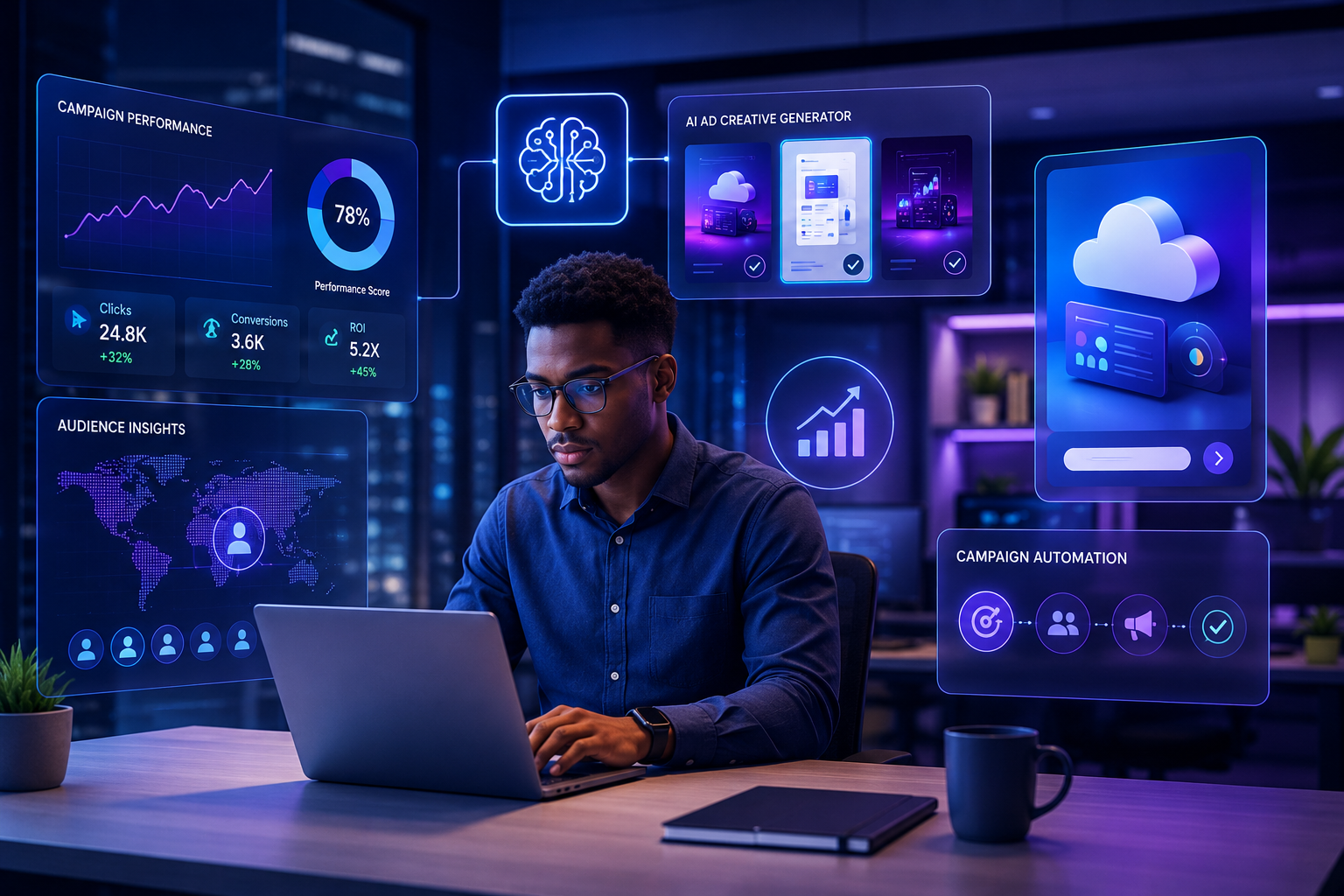 Young SaaS marketer using AI-powered advertising tools in a futuristic digital workspace with campaign analytics and automated ad creatives displayed on modern screens