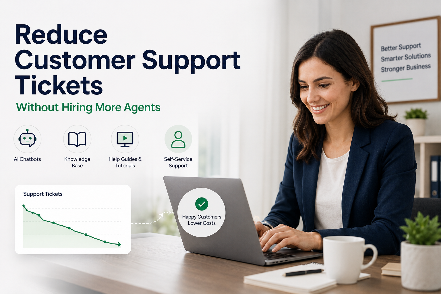 Professional businesswoman using AI-powered customer support tools to reduce support tickets in a modern office