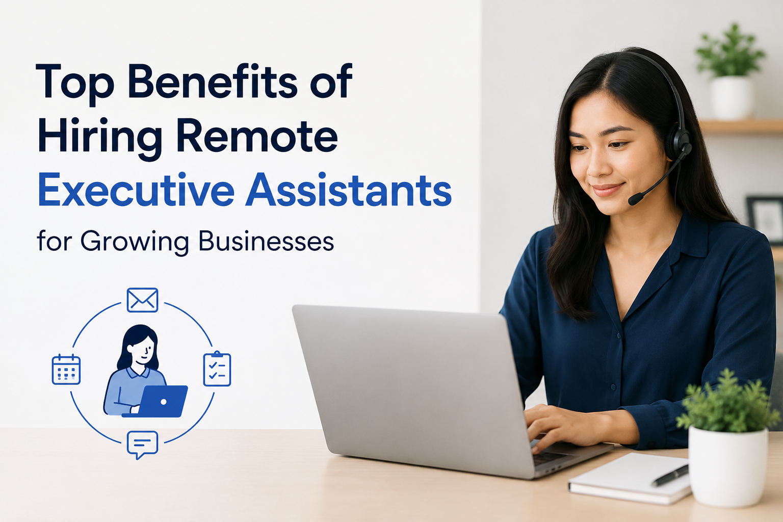 A clean marketing banner showing a woman working on a laptop with text highlighting the benefits of hiring remote executive assistants for growing businesses.