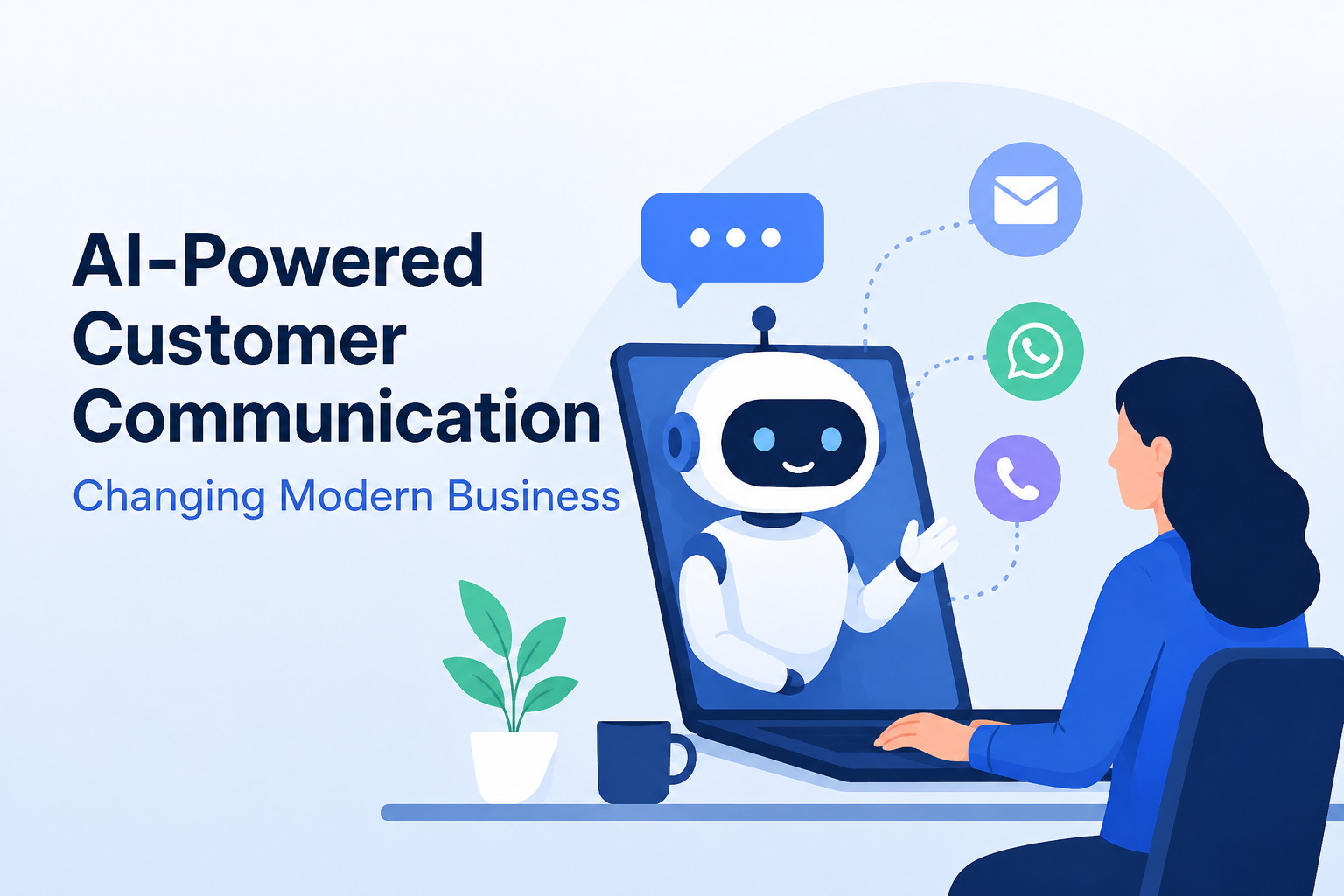 AI-powered customer communication illustration showing a chatbot assisting a business customer online.