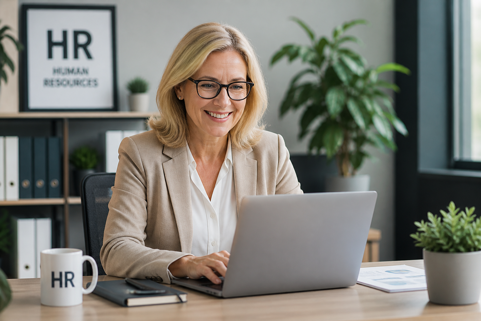 Middle-aged female HR officer working on a laptop in a modern bright office, smiling while managing human resources tasks in a professional corporate workspace with natural lighting and plants.
