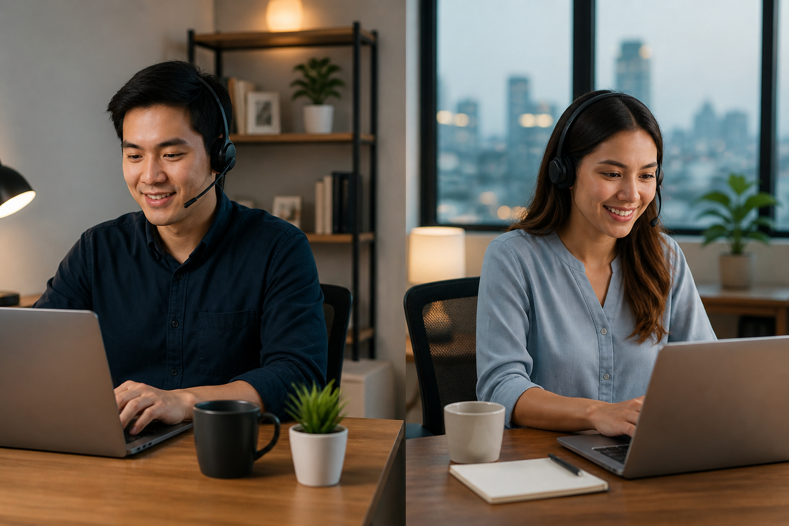 A man and a woman working side by side in a modern office setup, both focused on their laptops with headsets, representing a remote team environment that reflects Ataraxis Management’s offshore staffing model and global time zone collaboration.