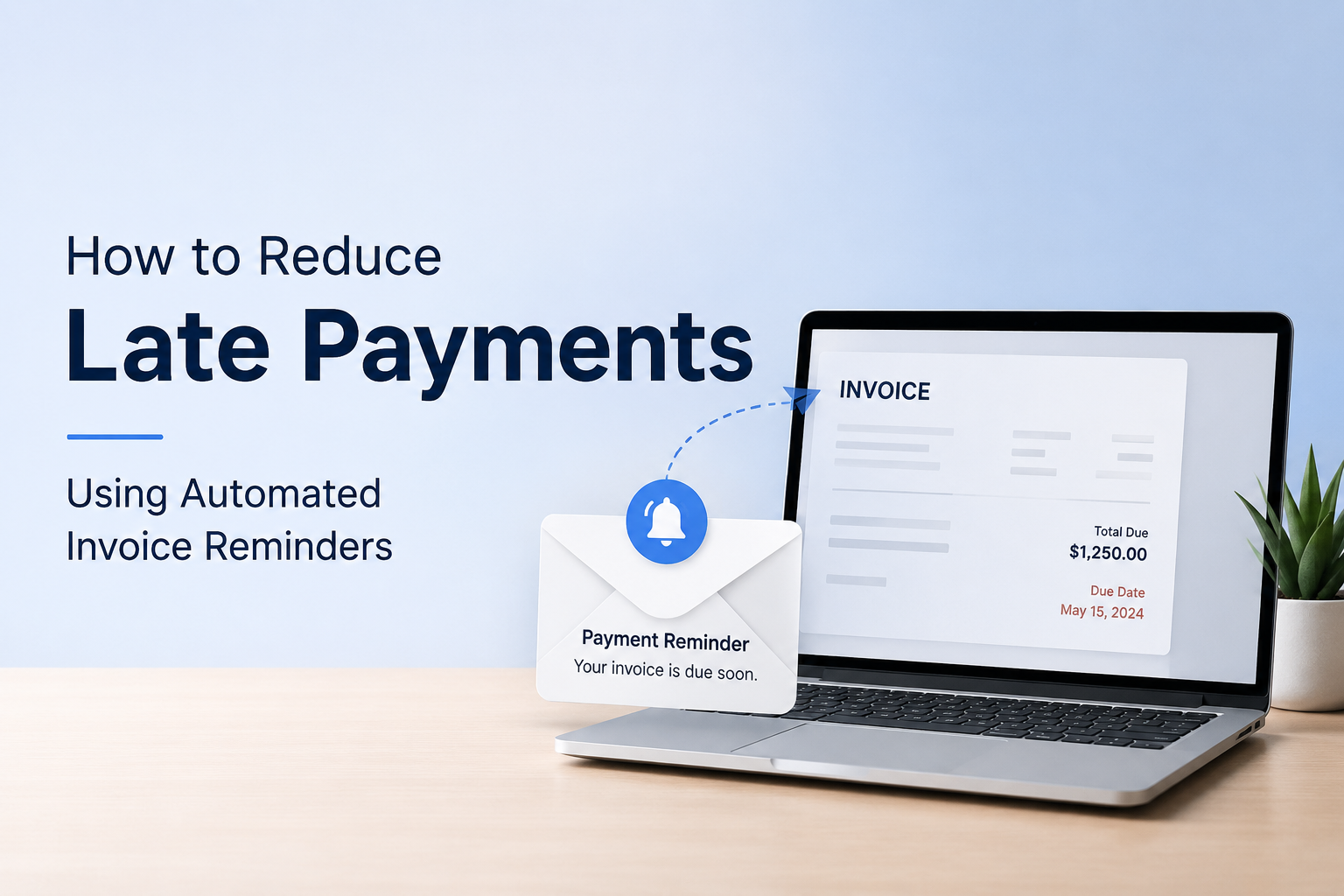 Reducing Late Payments with Invoice Reminders Laptop displaying an invoice with an automated payment reminder notification
