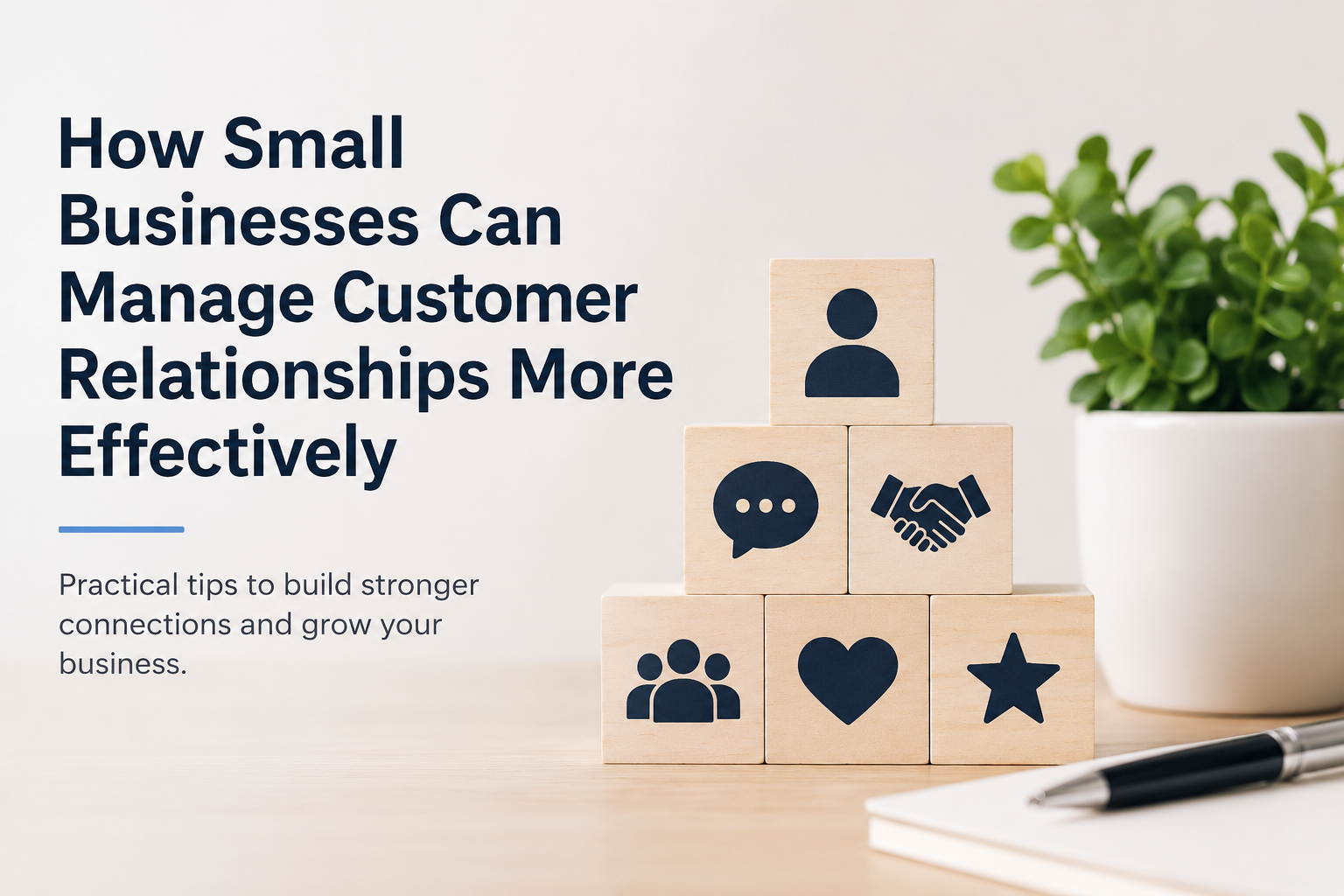 Minimalist featured image showing customer relationship icons arranged on wooden blocks beside a small office desk setup