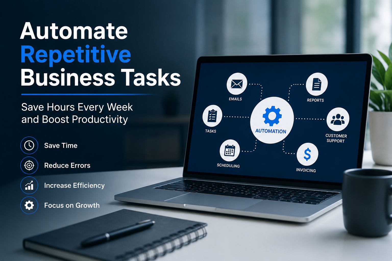 Laptop displaying business automation workflows with icons for emails, scheduling, invoicing, reporting, and customer support