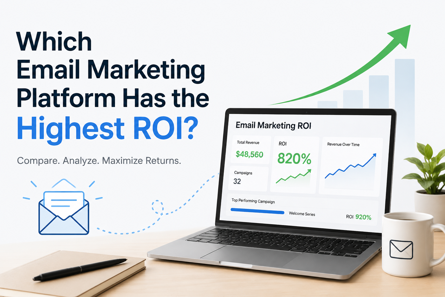 Which Email Marketing Platform Has the Highest ROI? Laptop displaying an email marketing ROI dashboard with growth chart