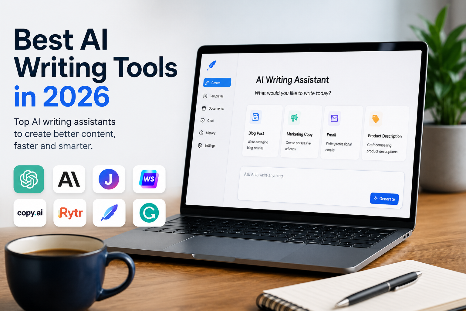 Best AI Writing Tools AI writing assistant displayed on a laptop with productivity tools for content creation.